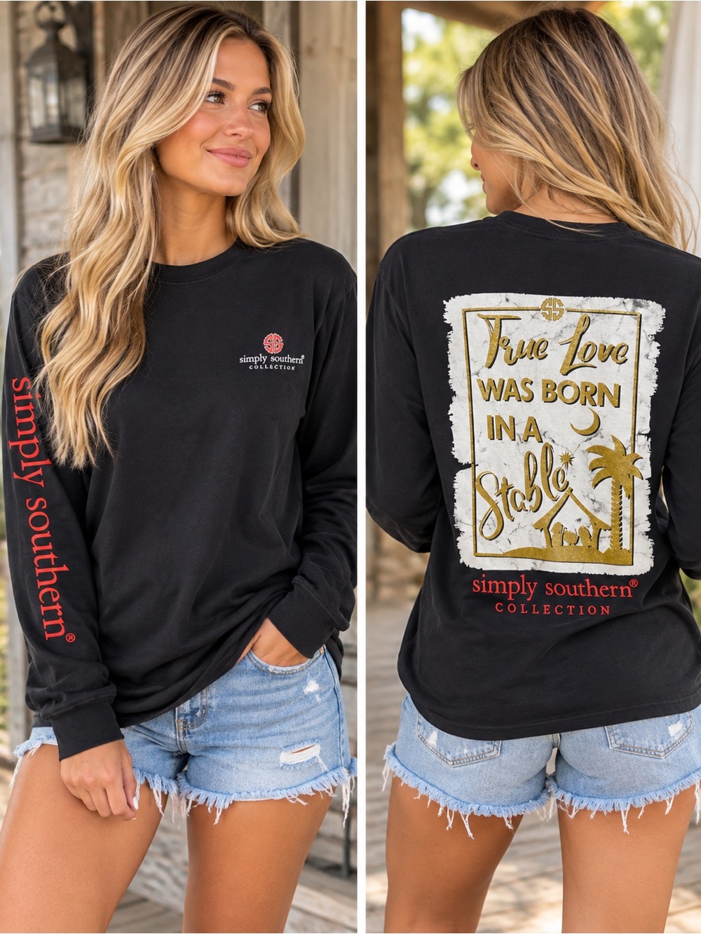 Women’s Simply Southern Black Long Sleeve Tee with Red Logo and Sleeve Text
